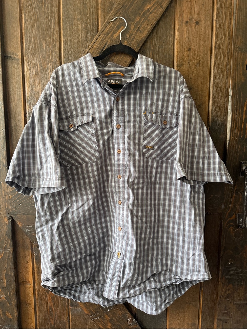 Ariat Rebar 3XL 3TG Plaid Short Sleeve Work Shirt Gray Western Button Up